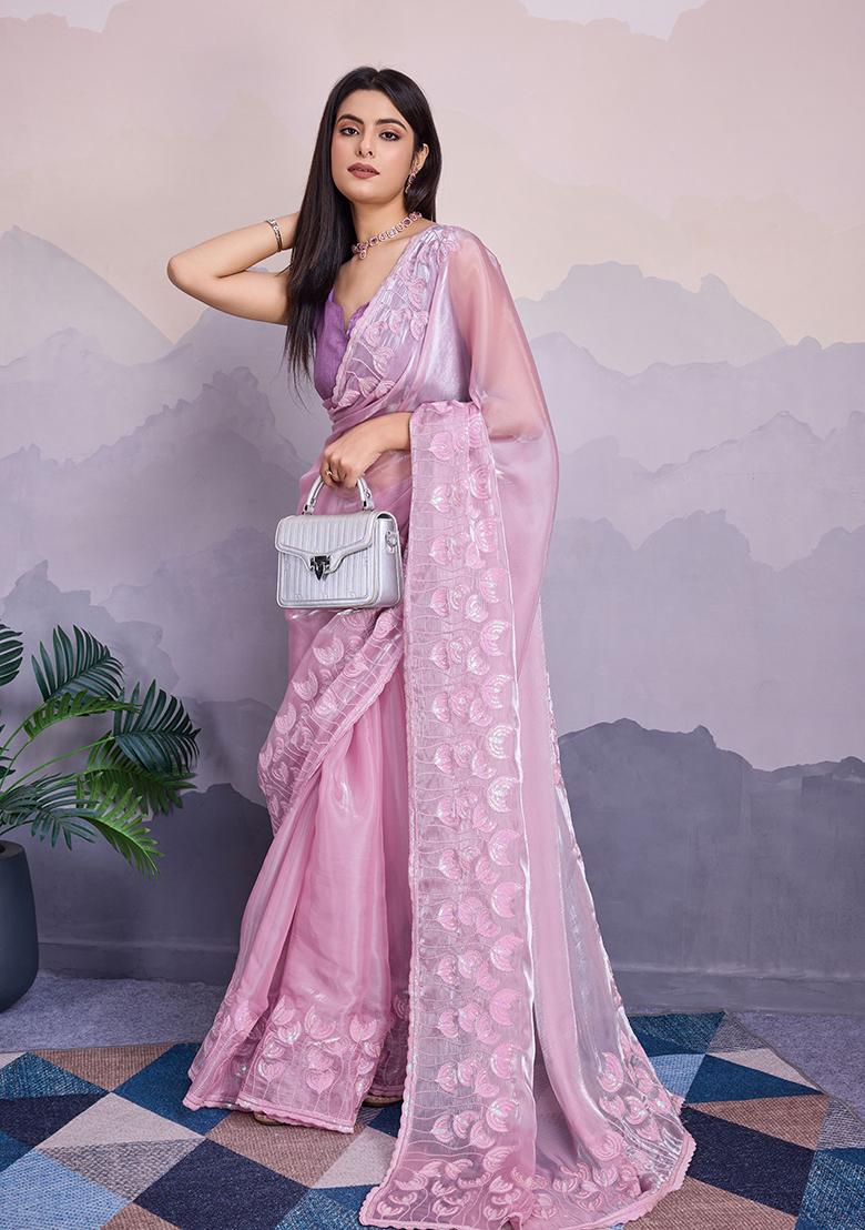 Purple Sequin Thread Embroidered Jimmy Silk Saree Set