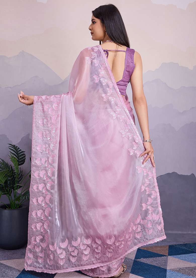 Purple Sequin Thread Embroidered Jimmy Silk Saree Set - Indya