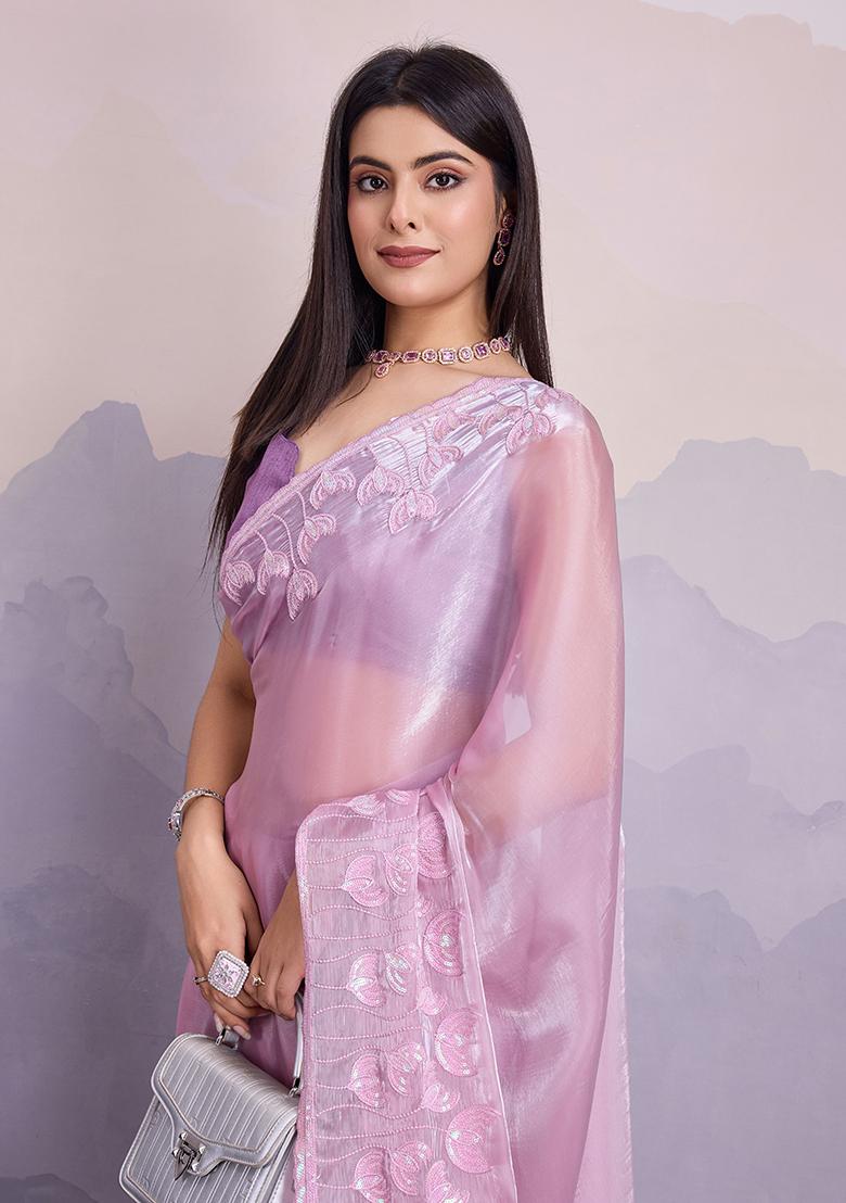 Purple Sequin Thread Embroidered Jimmy Silk Saree Set