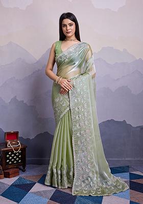 Pista Green Sequin Thread Embroidered Jimmy Silk Saree Set