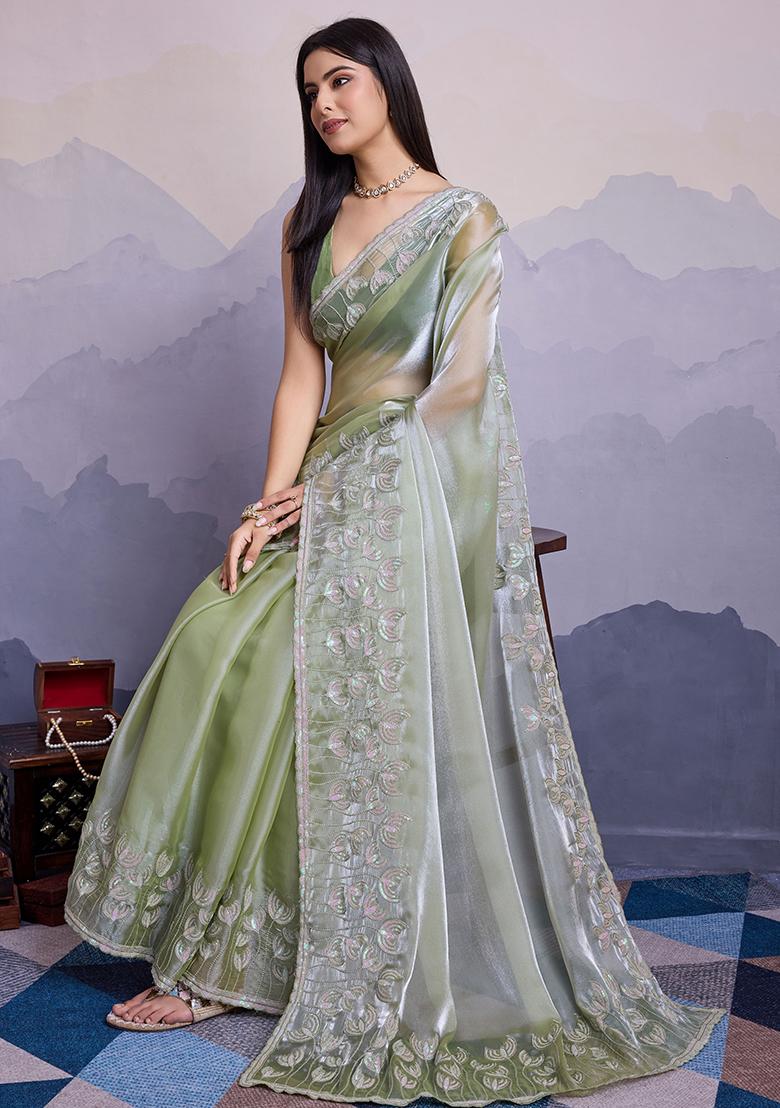 Pista Green Sequin Thread Embroidered Jimmy Silk Saree Set