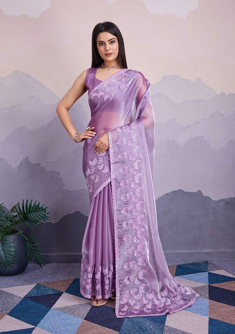 Lavender Sequin Thread Embroidered Jimmy Silk Saree Set - Indya