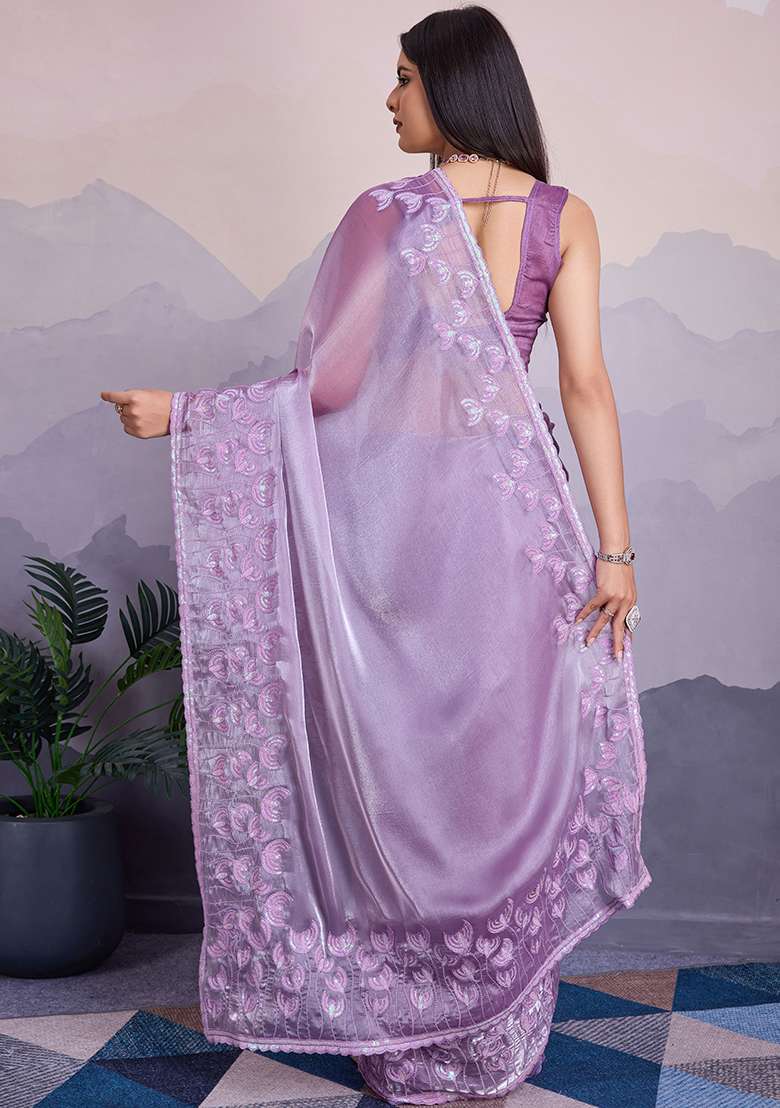 Lavender Sequin Thread Embroidered Jimmy Silk Saree Set - Indya