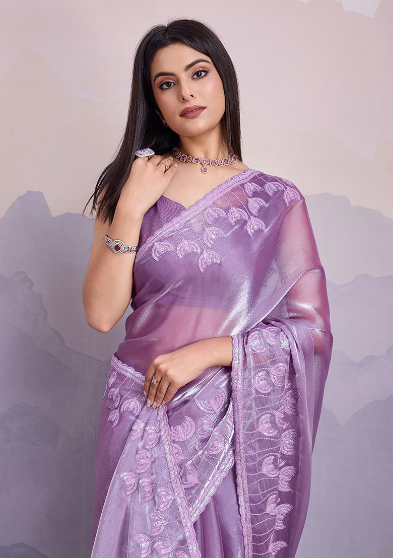Lavender Sequin Thread Embroidered Jimmy Silk Saree Set