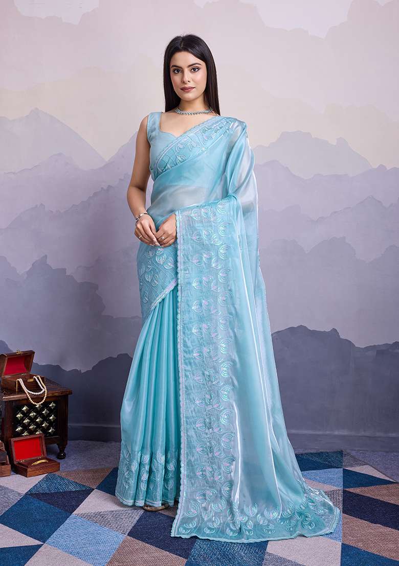 Sky Blue Sequin Thread Embroidered Jimmy Silk Saree Set - Indya
