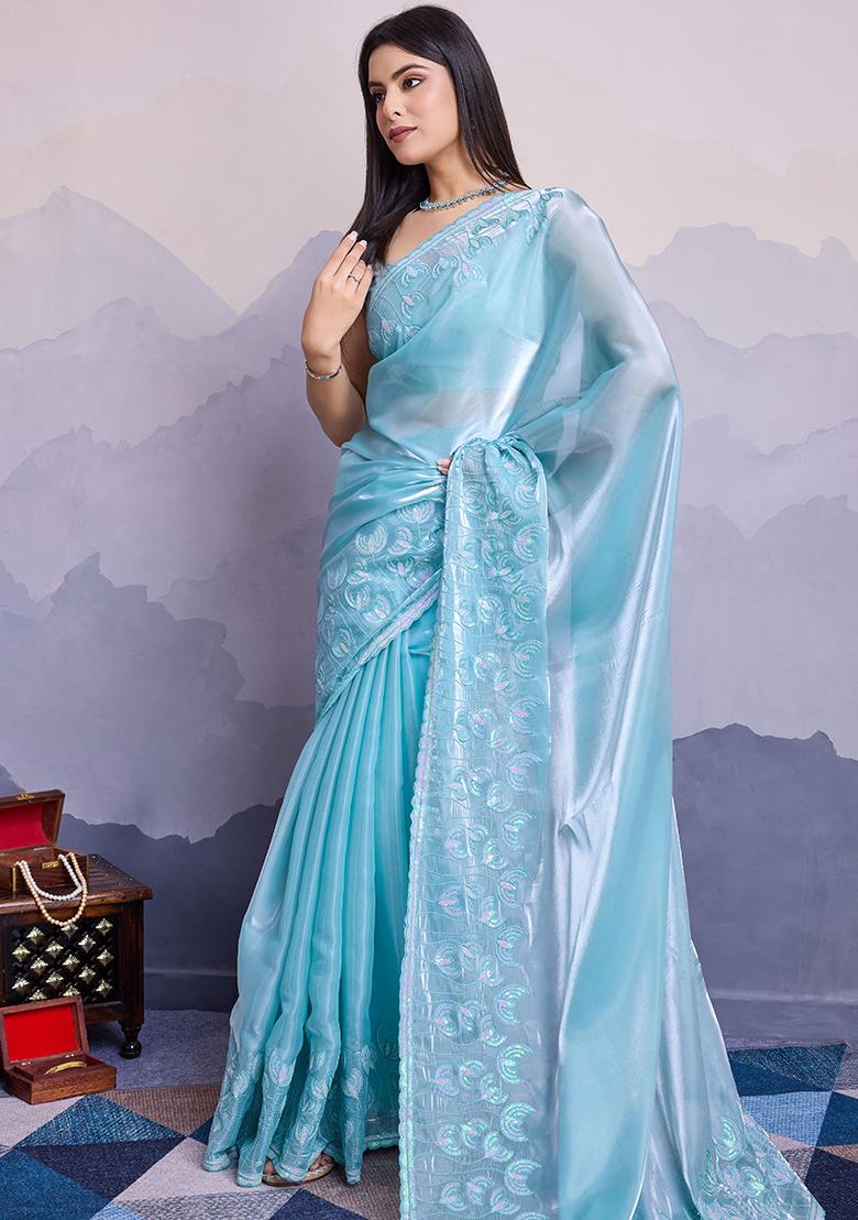 Sky Blue Sequin Thread Embroidered Jimmy Silk Saree Set