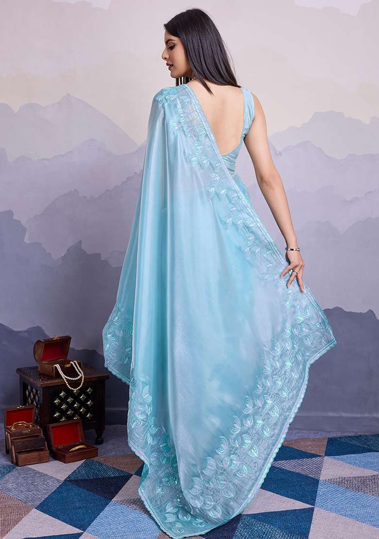 Sky Blue Sequin Thread Embroidered Jimmy Silk Saree Set - Indya