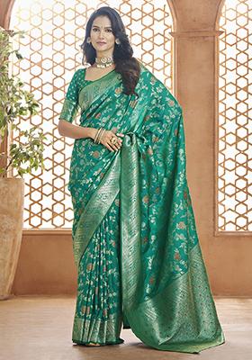 Rama Blue Zari Woven Banarasi Silk Saree Set