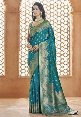 Blue Zari Woven Banarasi Silk Saree Set