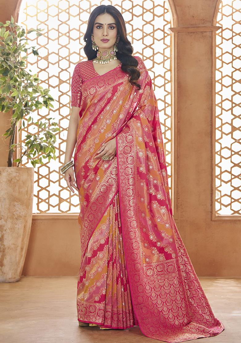 Pink Zari Woven Banarasi Silk Saree Set