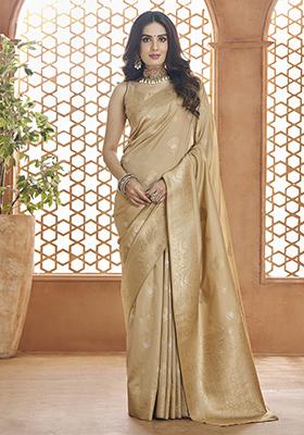 Beige Zari Woven Banarasi Silk Saree Set