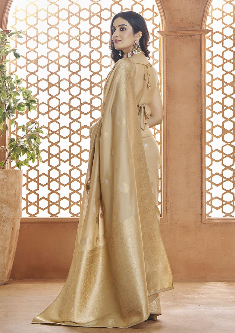 Beige Zari Woven Banarasi Silk Saree Set