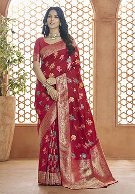 Red Zari Woven Banarasi Silk Saree Set