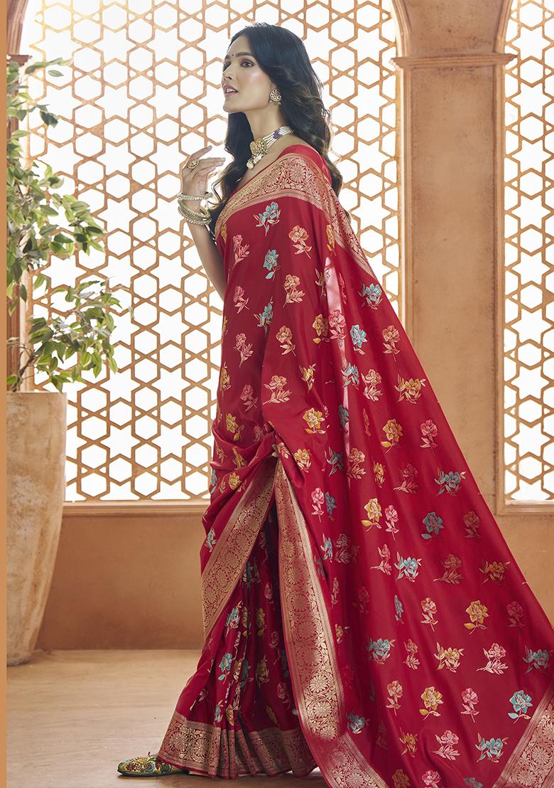Red Zari Woven Banarasi Silk Saree Set