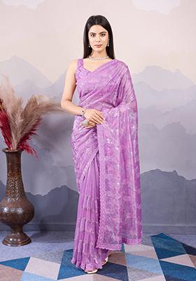 Purple Sequin Embroidered Twill Net Saree Set