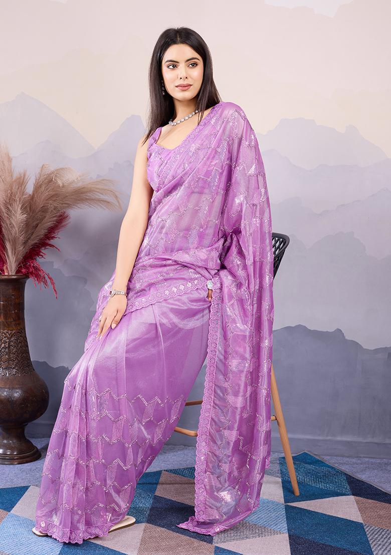 Purple Sequin Embroidered Twill Net Saree Set