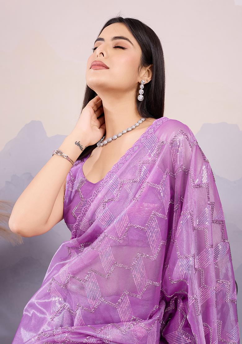 Purple Sequin Embroidered Twill Net Saree Set