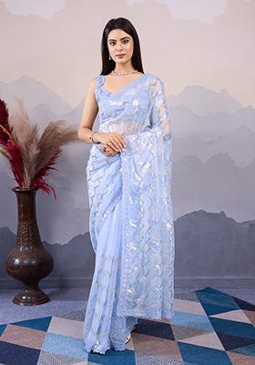 Sky Blue Sequin Embroidered Twill Net Saree Set