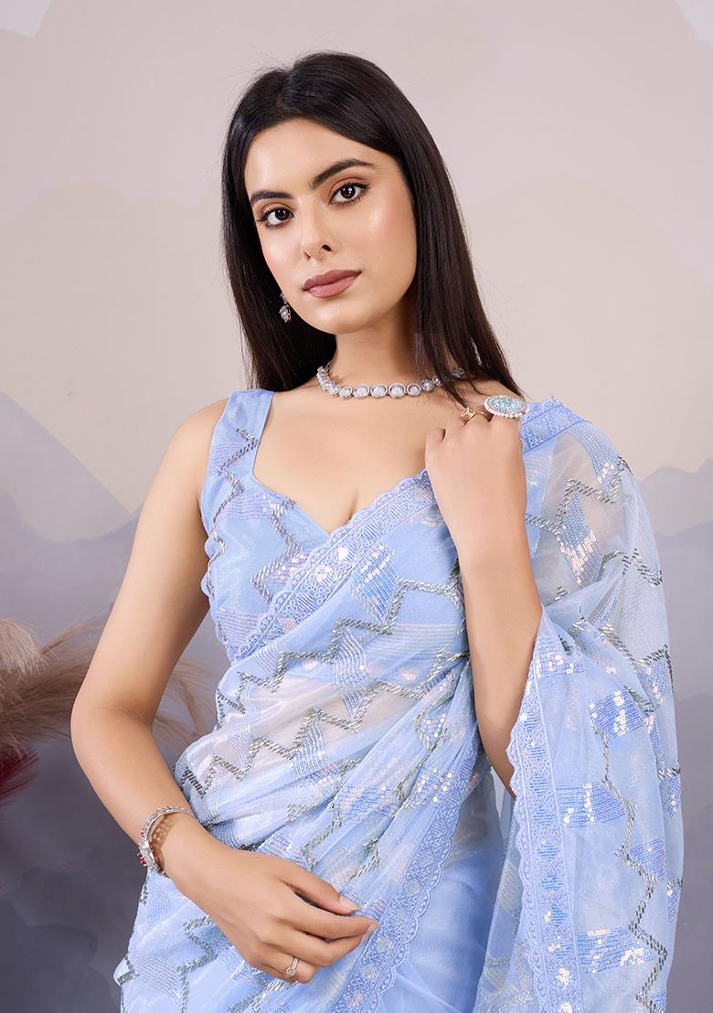 Sky Blue Sequin Embroidered Twill Net Saree Set
