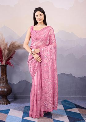 Pink Sequin Embroidered Twill Net Saree Set