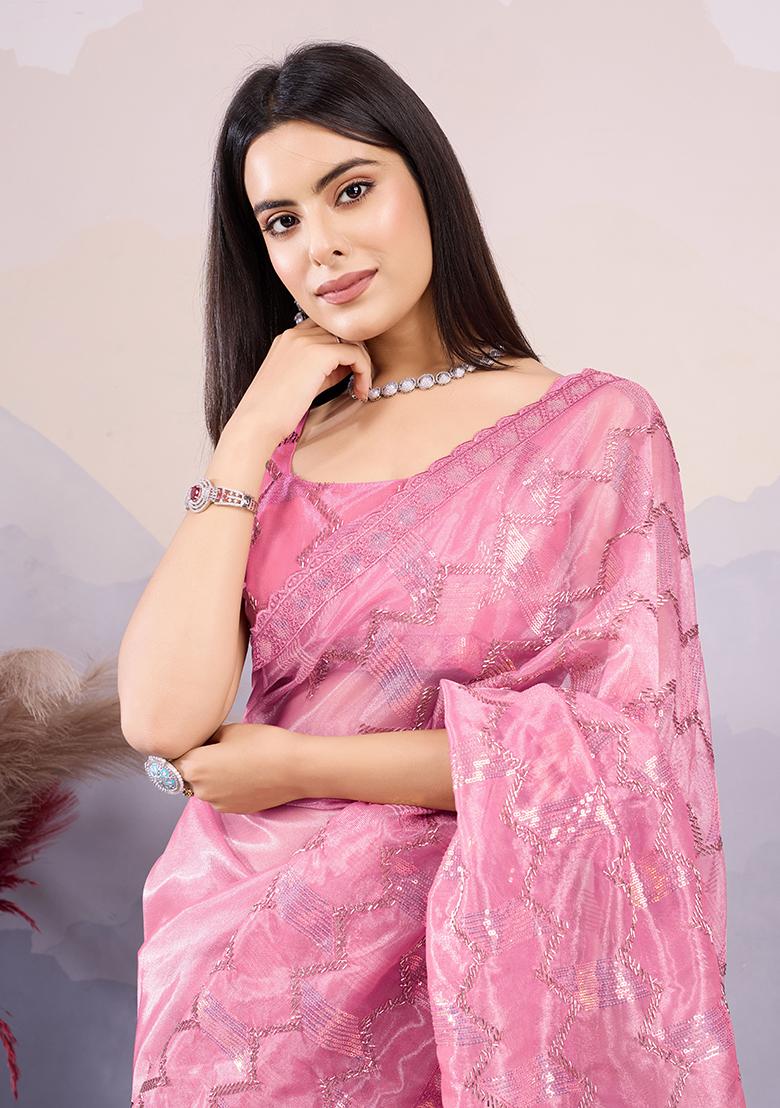 Pink Sequin Embroidered Twill Net Saree Set