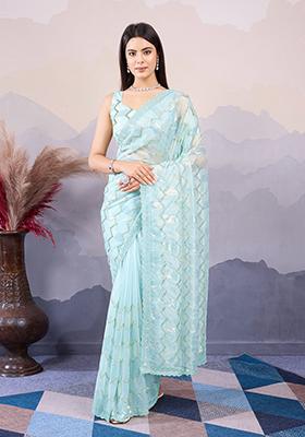Sea Green Sequin Embroidered Twill Net Saree Set