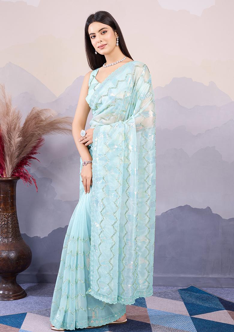 Sea Green Sequin Embroidered Twill Net Saree Set