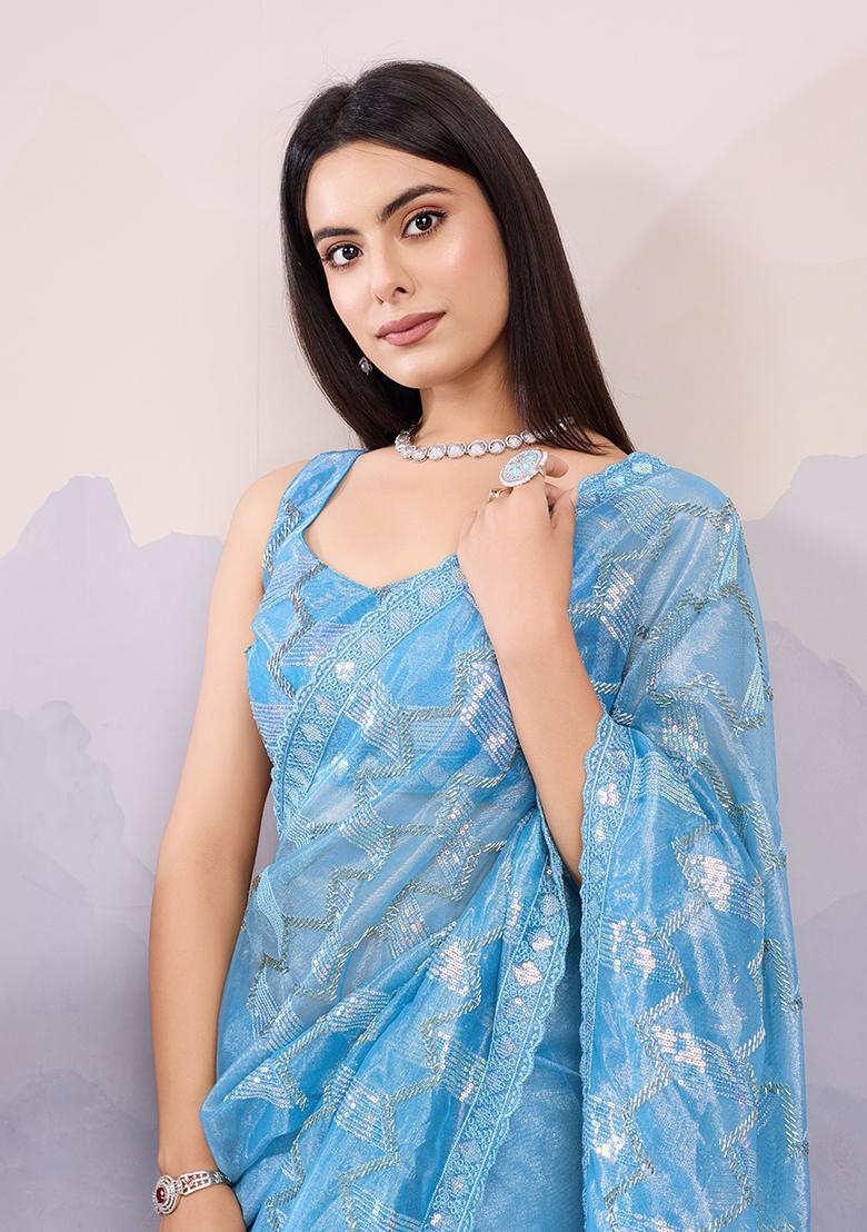 Blue Sequin Embroidered Twill Net Saree Set