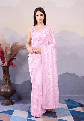 Peach Sequin Embroidered Twill Net Saree Set