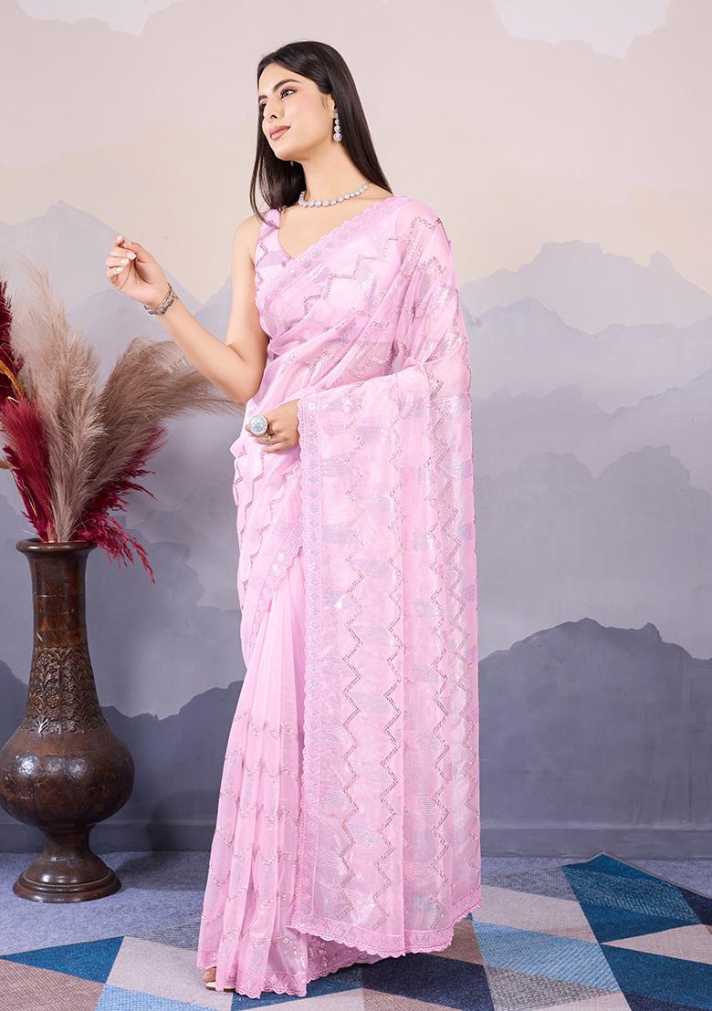 Peach Sequin Embroidered Twill Net Saree Set
