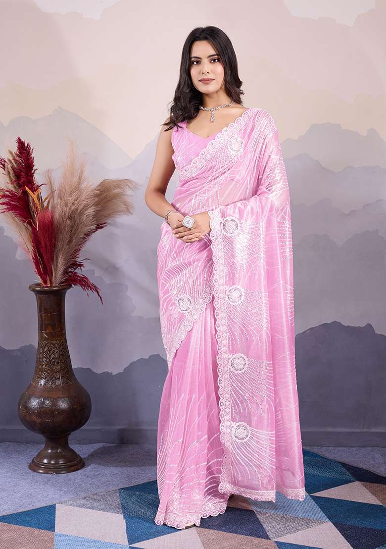 Pink Sequin Embroidered Twill Net Saree Set - Indya