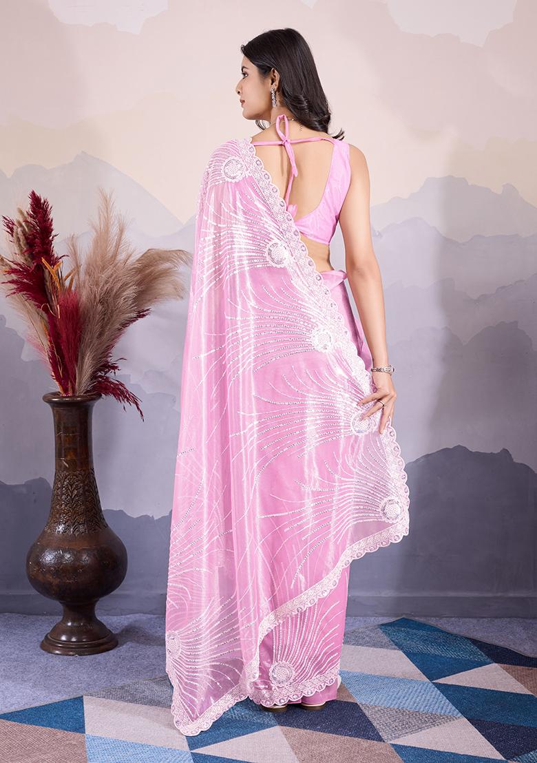 Pink Sequin Embroidered Twill Net Saree Set