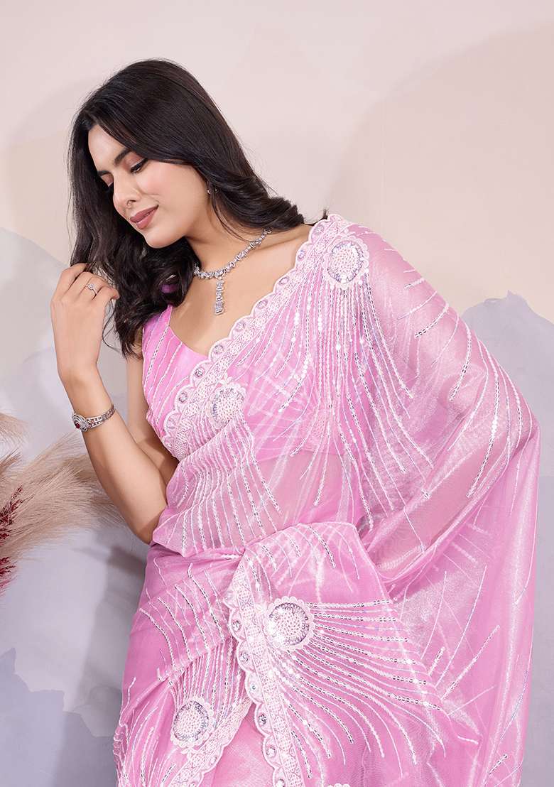 Pink Sequin Embroidered Twill Net Saree Set - Indya