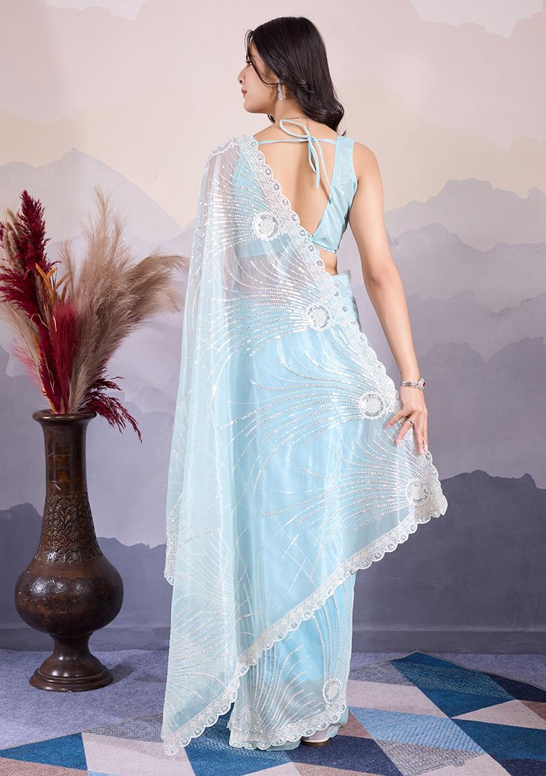 Sea Green Sequin Embroidered Twill Net Saree Set