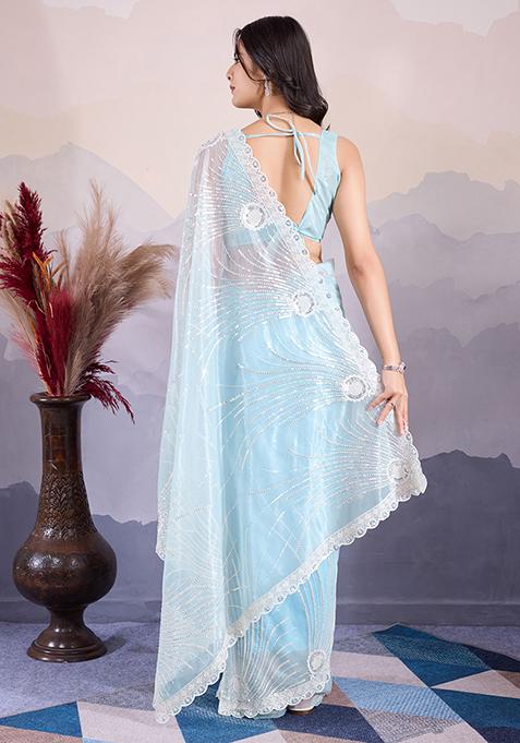 Sea Green Sequin Embroidered Twill Net Saree Set