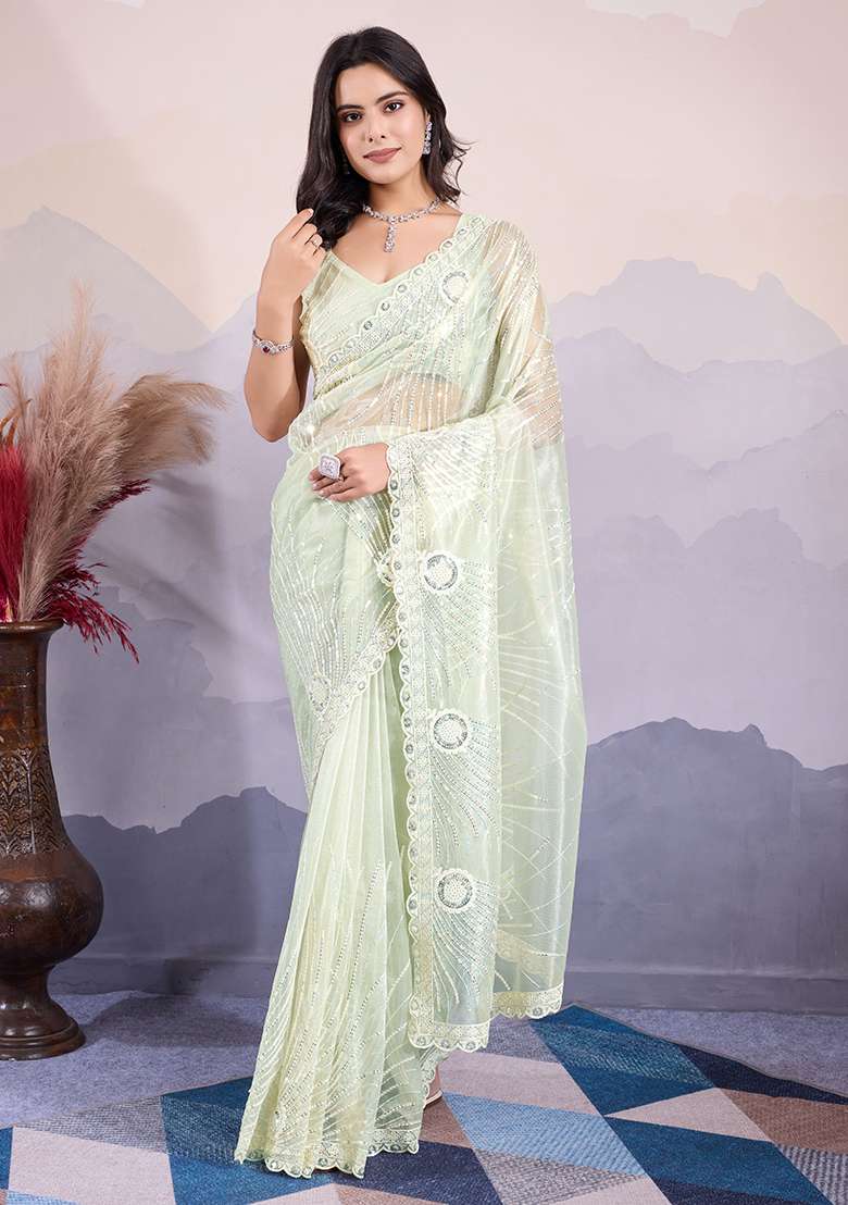 Pista Green Sequin Embroidered Twill Net Saree Set - Indya