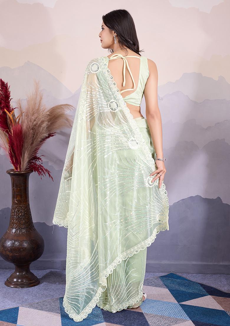 Pista Green Sequin Embroidered Twill Net Saree Set