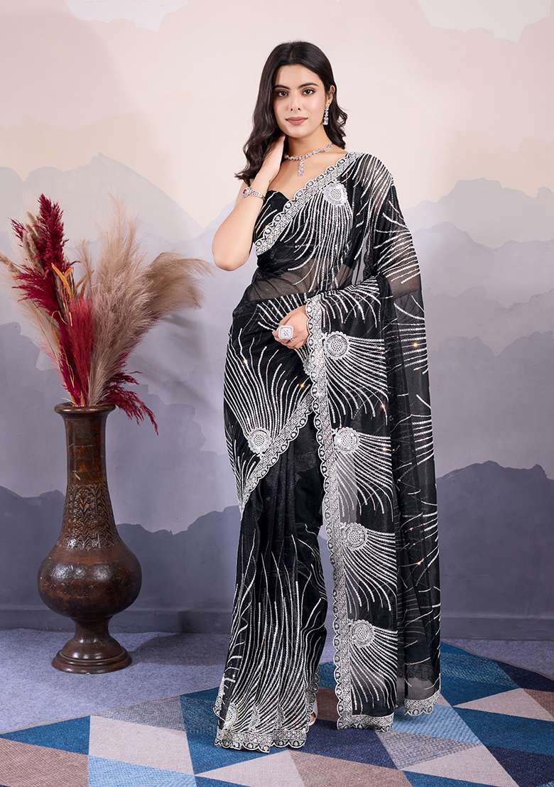 Black Sequin Embroidered Twill Net Saree Set - Indya