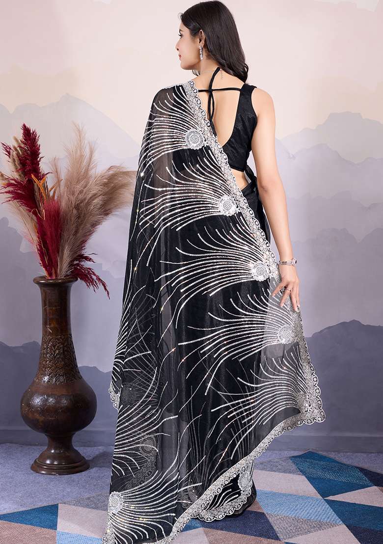 Black Sequin Embroidered Twill Net Saree Set - Indya