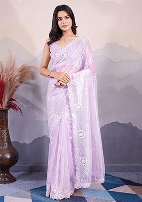 Purple Sequin Embroidered Twill Net Saree Set