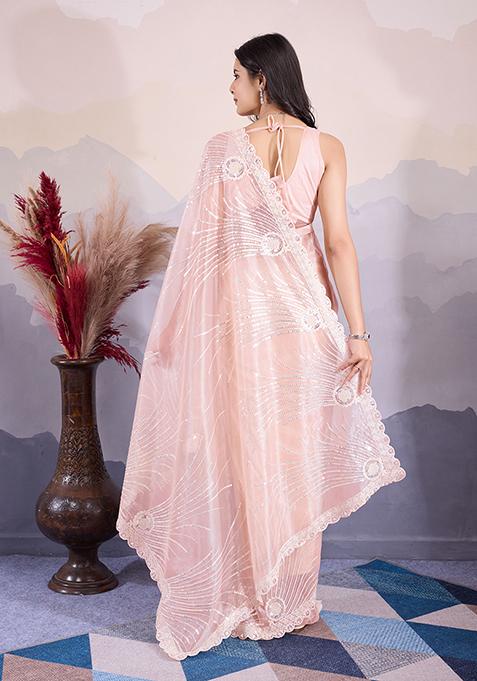 Peach Sequin Embroidered Twill Net Saree Set