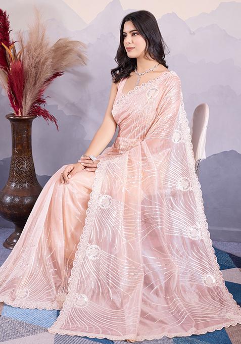 Peach Sequin Embroidered Twill Net Saree Set