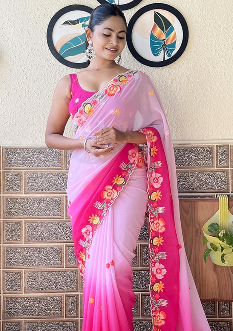 Pink Embroidered Georgette Saree Set