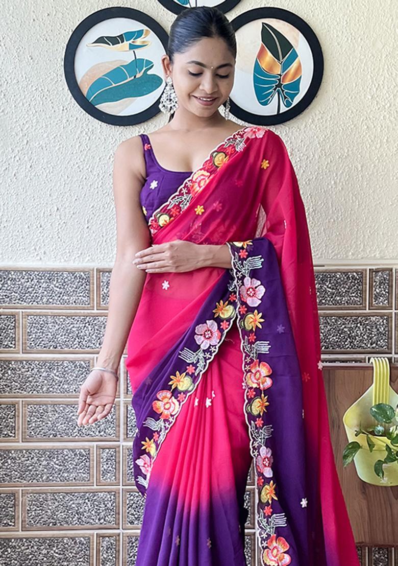 Red Embroidered Georgette Saree Set