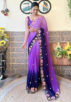 Purple Embroidered Georgette Saree Set