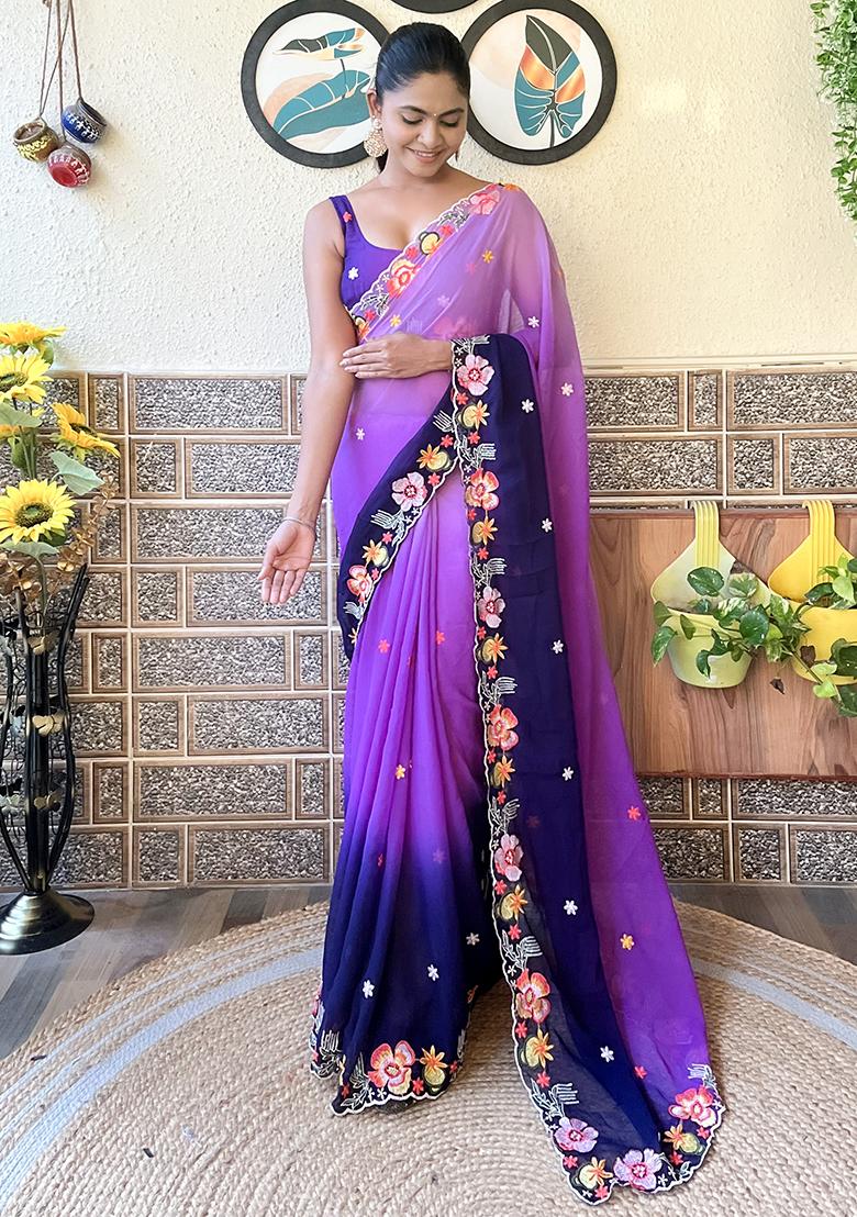 Purple Embroidered Georgette Saree Set