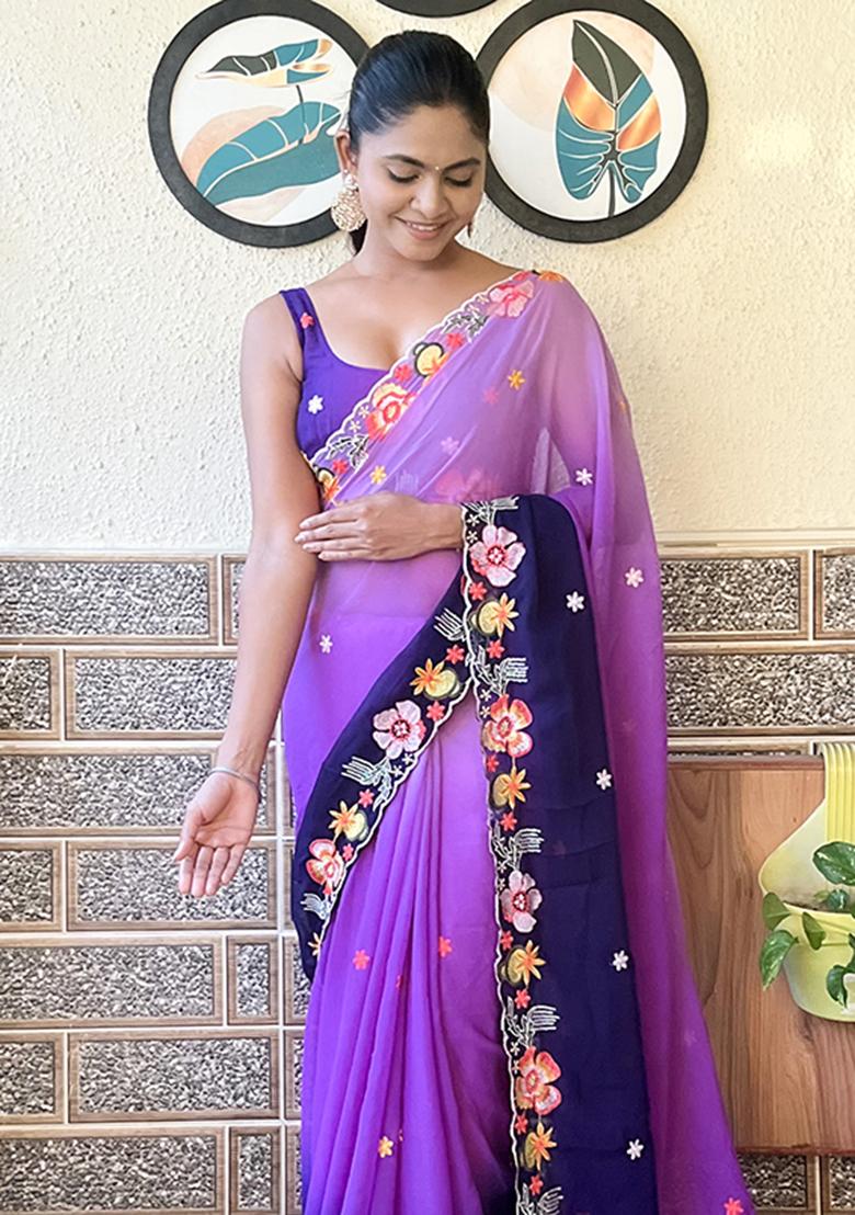 Purple Embroidered Georgette Saree Set