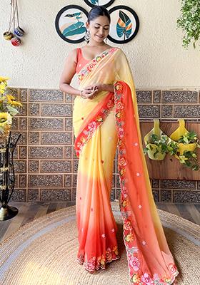 Yellow Embroidered Georgette Saree Set