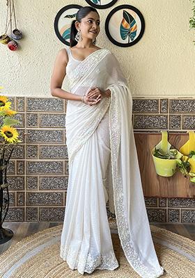 Off White Sequin Embroidered Georgette Saree Set