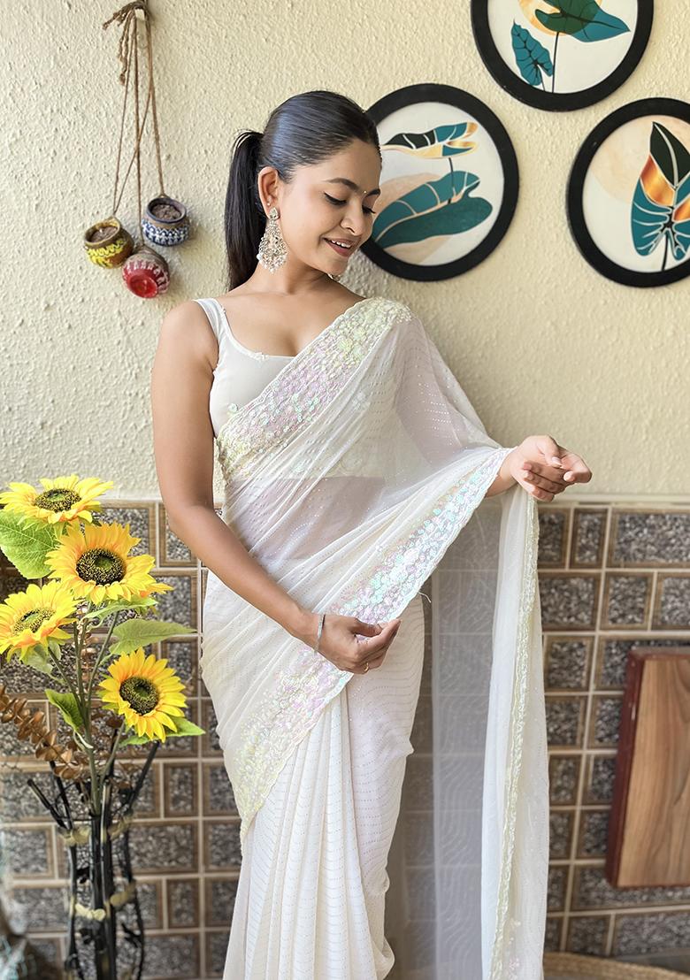 Off White Sequin Embroidered Georgette Saree Set